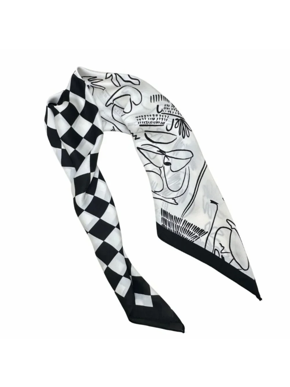 ⭐Luxury Silky Square Scarf Bandana Abstract Checkered BLACK WHITE Modern Art New